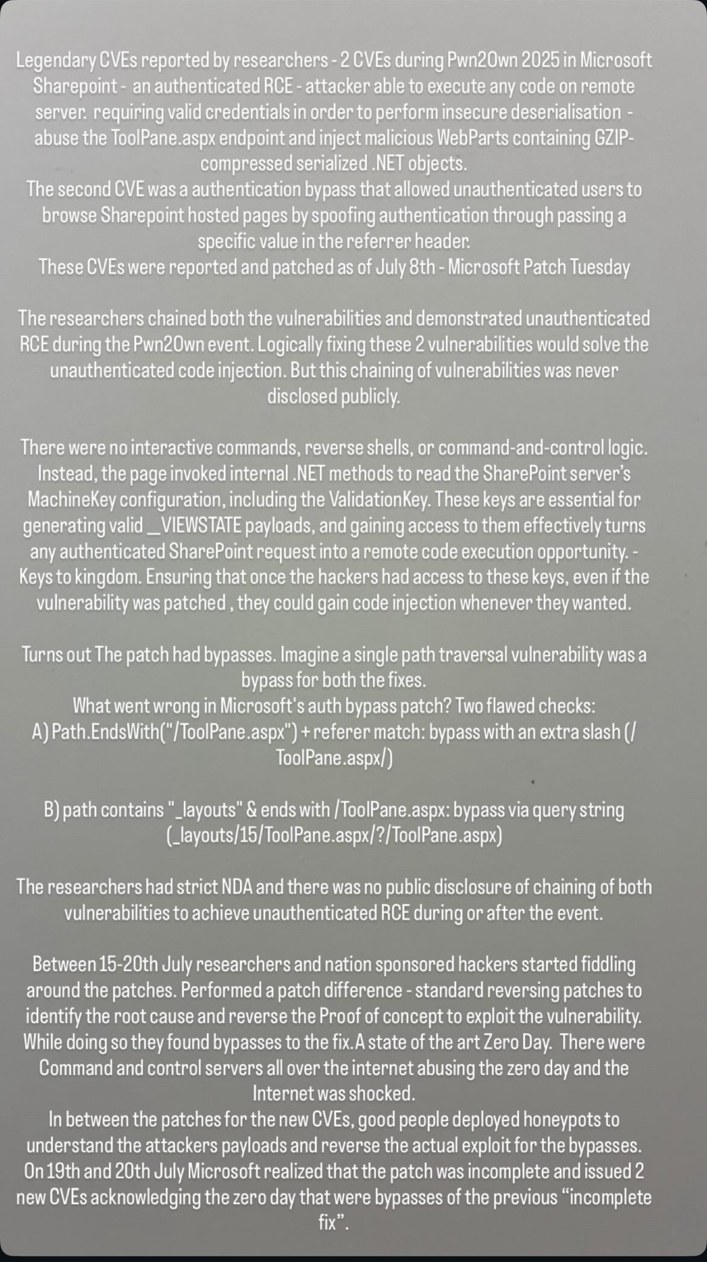 Anonymized archived field note describing the SharePoint ToolShell exploit chain and patch-bypass investigation